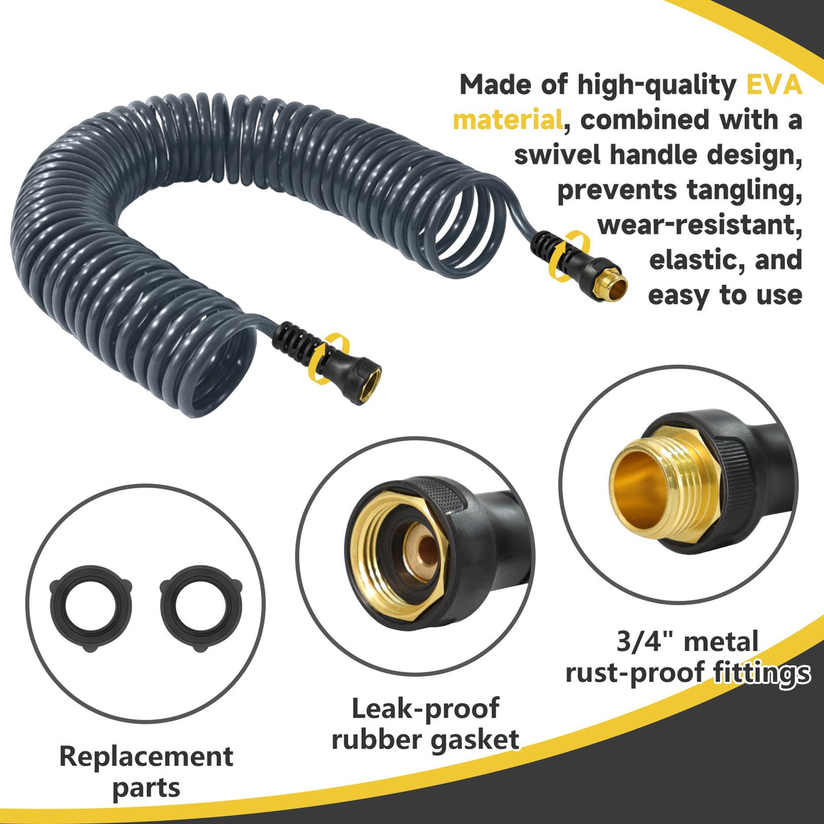 Hozcart coil hose with 360-degree swivels reduces tangles.
