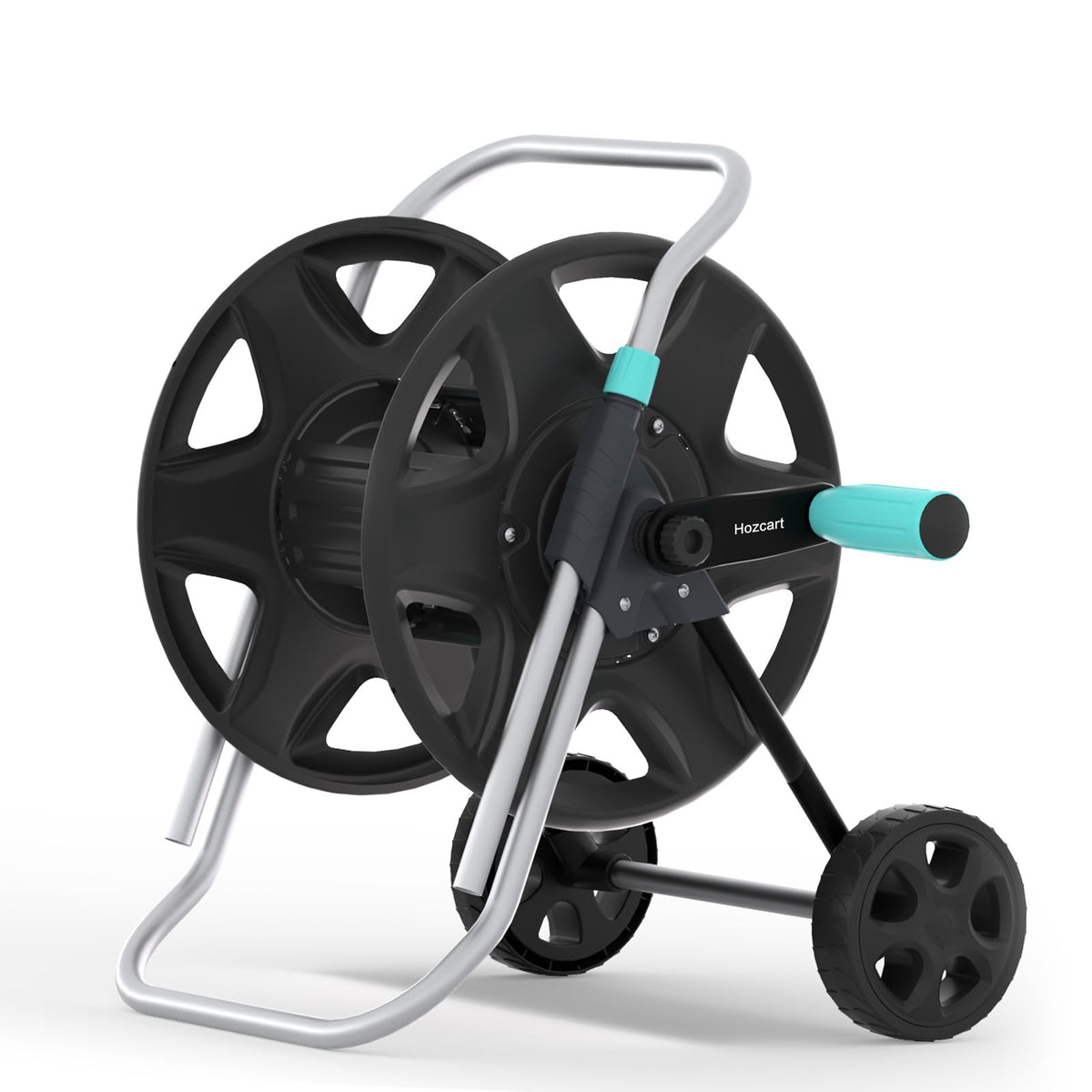 Hozcart garden hose reel cart with wheels for easy yard mobility.