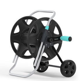 Hozcart garden hose reel cart with wheels for easy yard mobility.