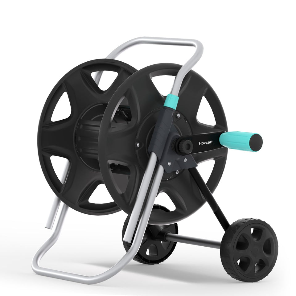 Hozcart garden hose reel cart with wheels for easy yard mobility.