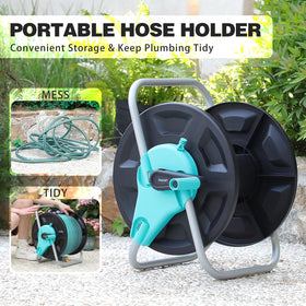 Hozcart portable hose reel cart showing mobility around patio and garden.
