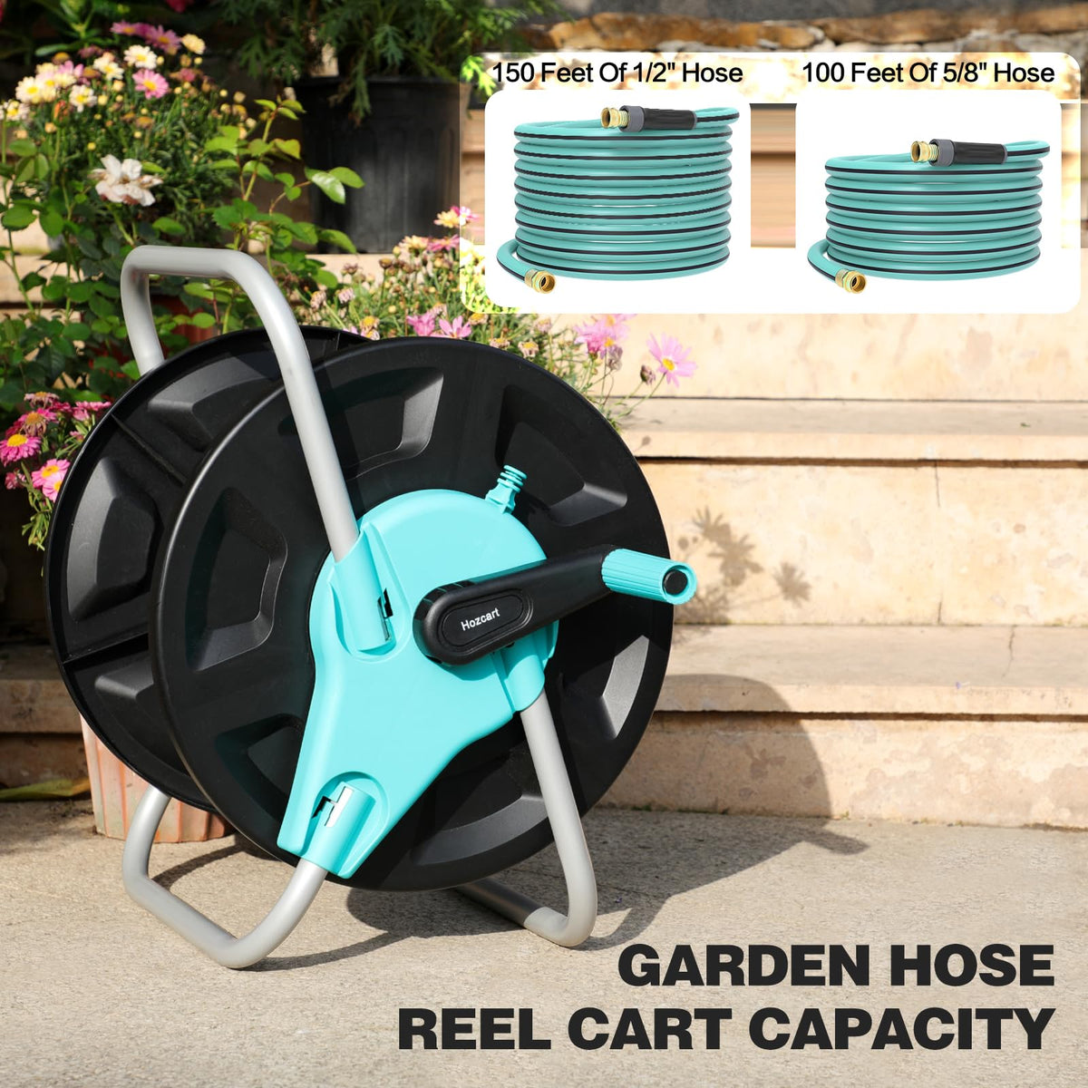 Hozcart sturdy base with ground spikes keeps reel stable on uneven ground.