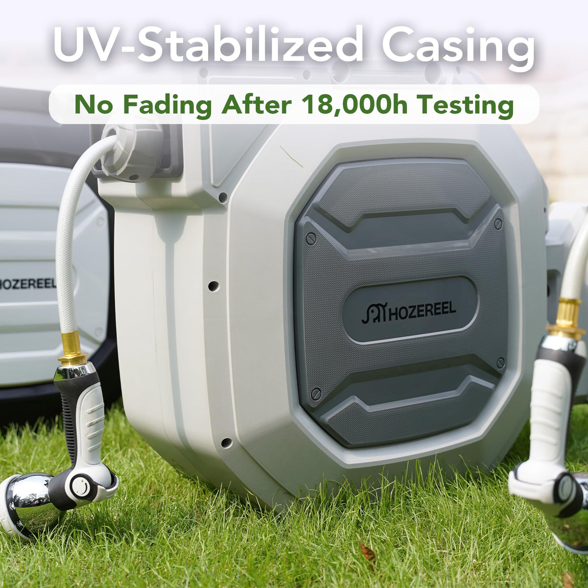 HOZEREEL 10-pattern nozzle provides versatile spraying for plants and cleaning.