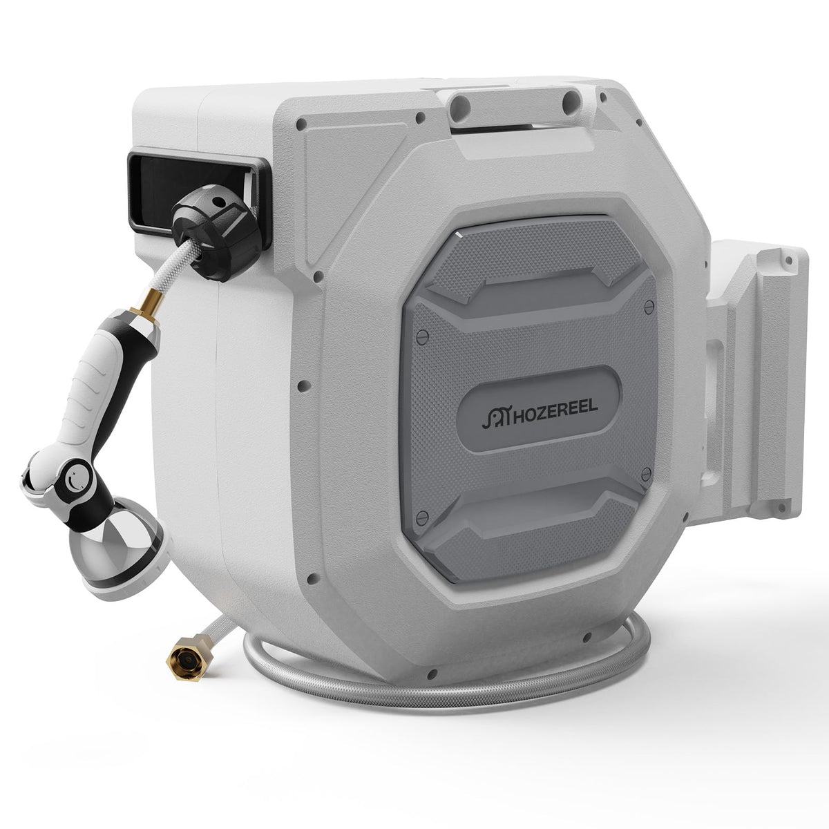 HOZEREEL 135ft retractable hose reel mounted on wall for easy watering and storage.
