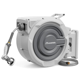 HOZEREEL 150ft retractable hose reel side view showing compact housing for space saving.