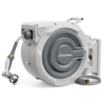 HOZEREEL 150ft retractable hose reel side view showing compact housing for space saving.