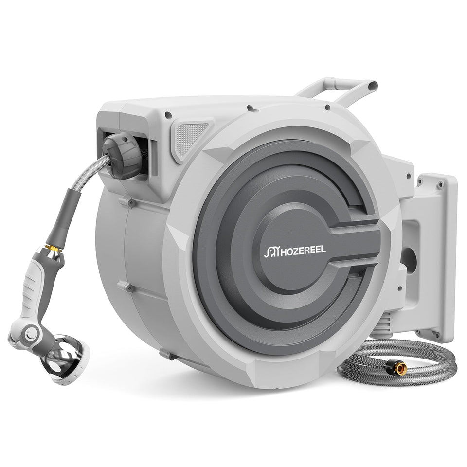 HOZEREEL 150ft retractable hose reel side view showing compact housing for space saving.