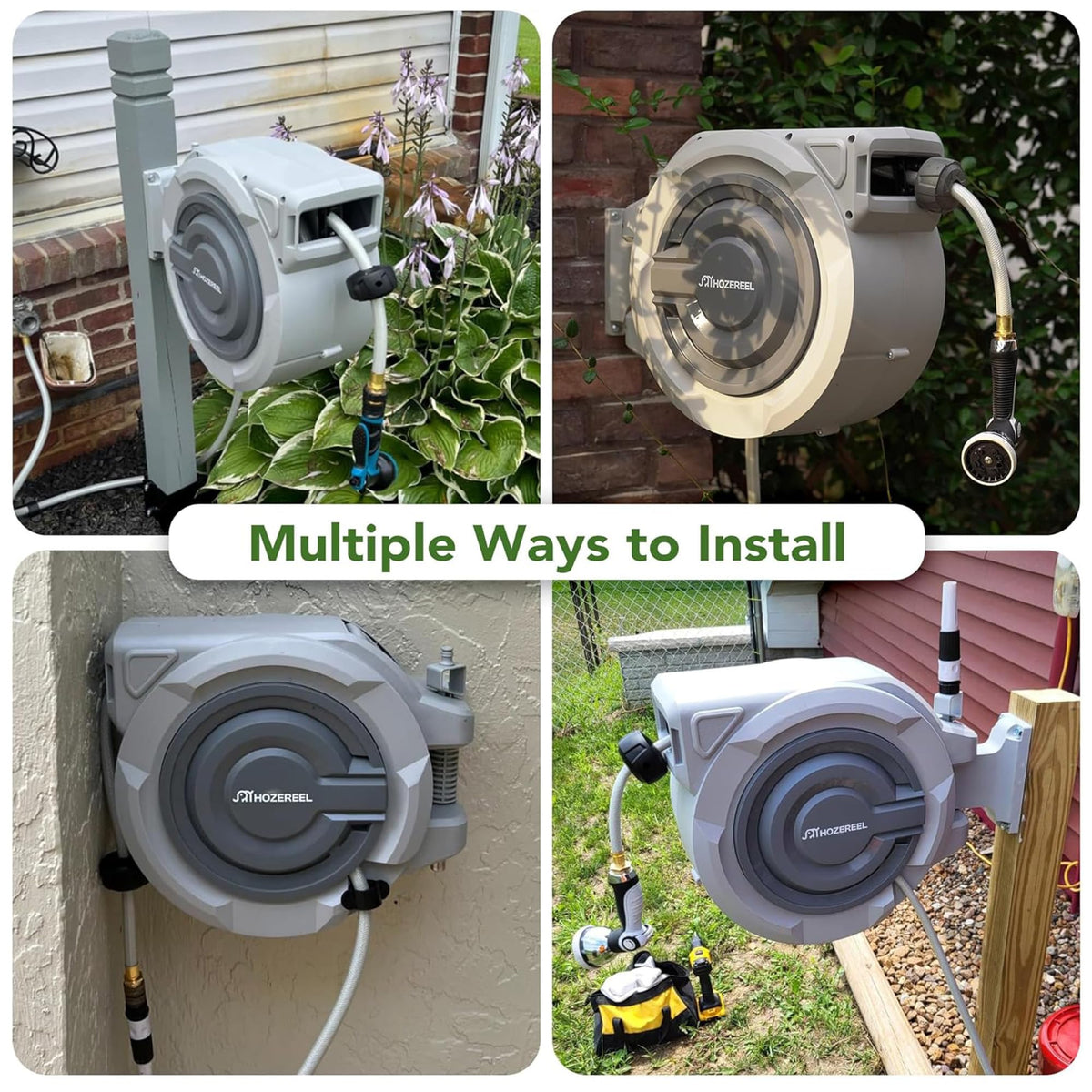 HOZEREEL 180-degree pivot bracket setup for wider garden reach.