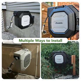 HOZEREEL automatic rewind system retracts the hose with a simple tug for ease.