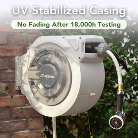 HOZEREEL brass fittings connection indicating sturdy, leak resistant setup.