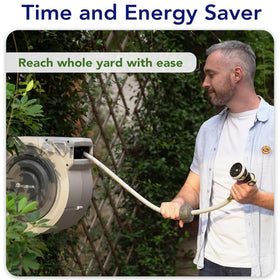 HOZEREEL wall mount hose reel grey front view highlighting compact design.