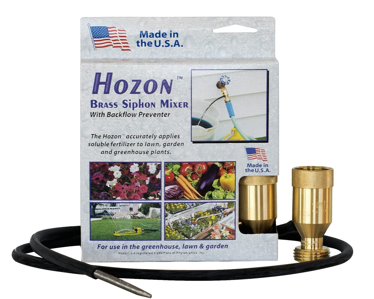 Hozon Injector brass siphon mixer attached to hose for precise fertilizer dilution