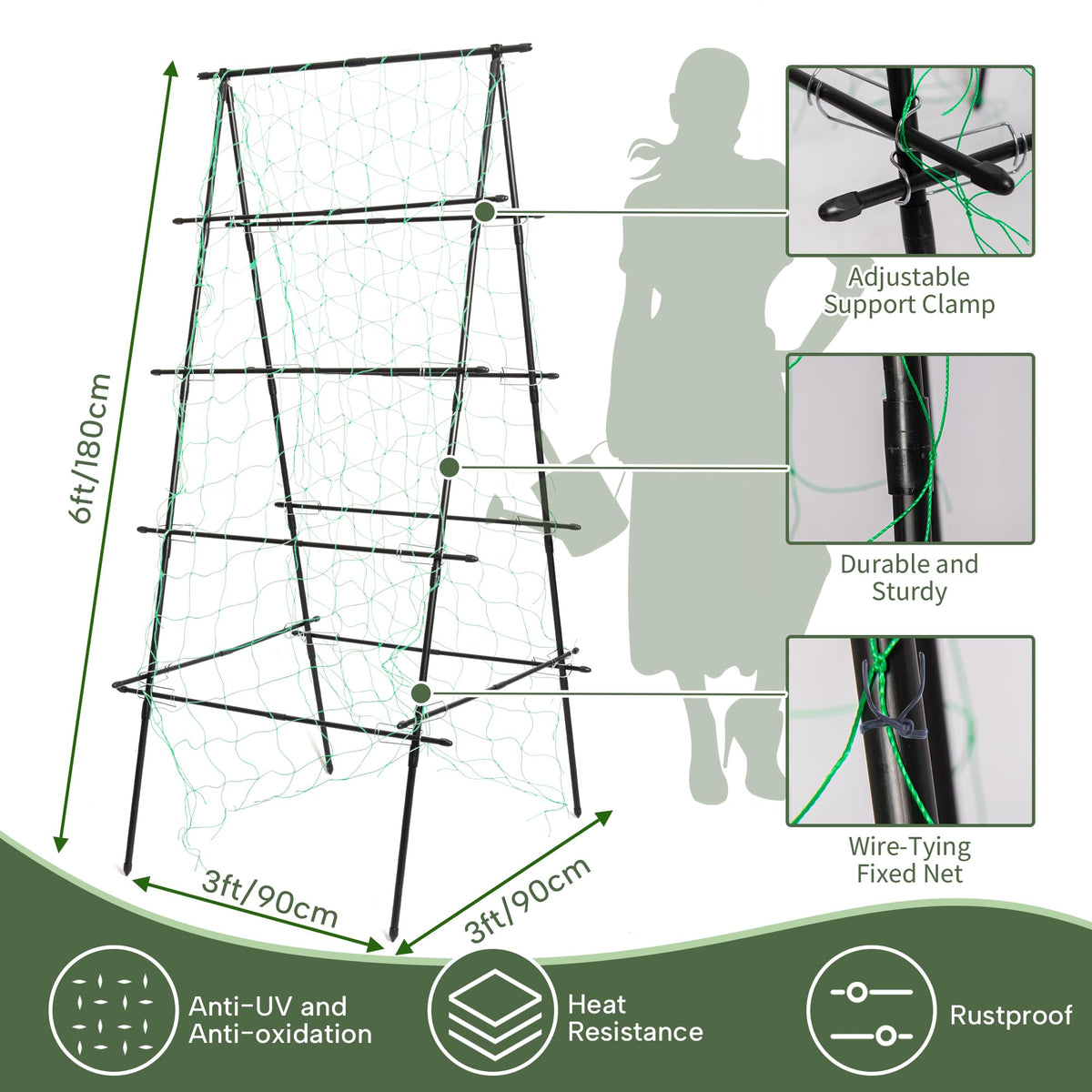 HPC Decor green powder-coated steel frame resists rust for long-lasting garden support.