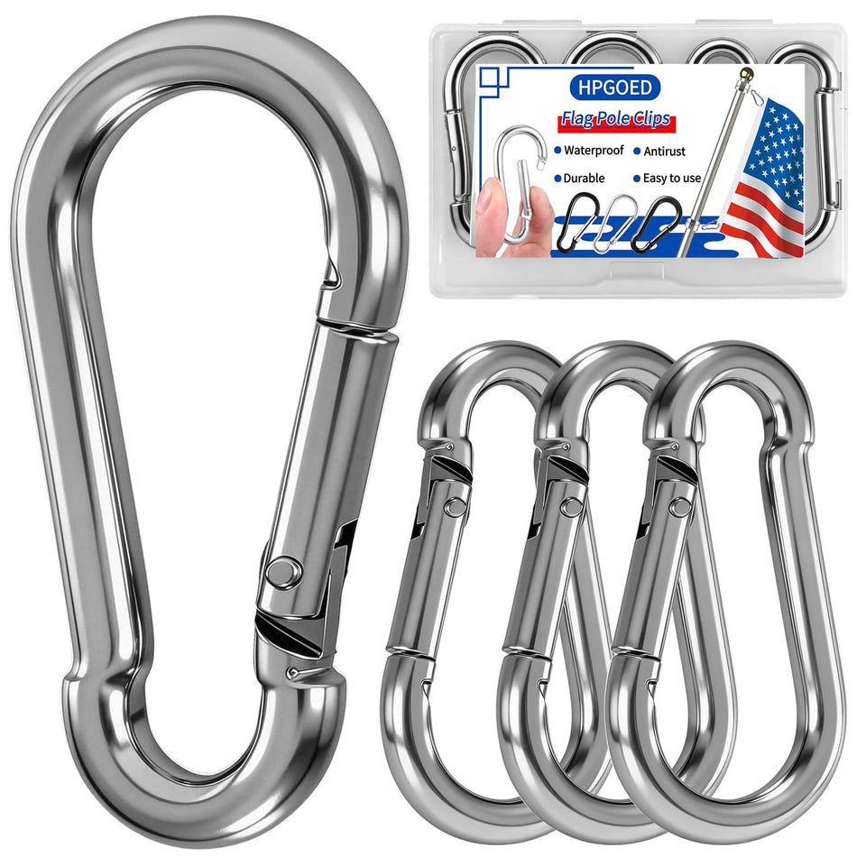 HPGOED flag pole ring carabiner clip in 304 stainless steel secures flags outdoors.