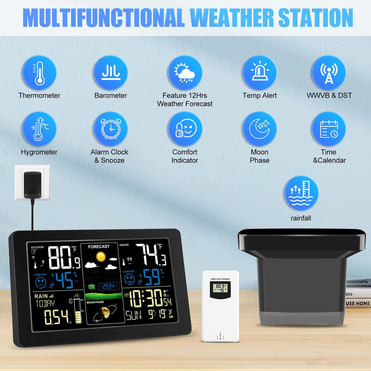 HQcontL weather station outdoors monitors temperature and humidity for home comfort.