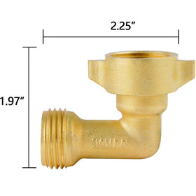 HQMPC brass elbow connection shows sturdy, sealed fit for hoses.
