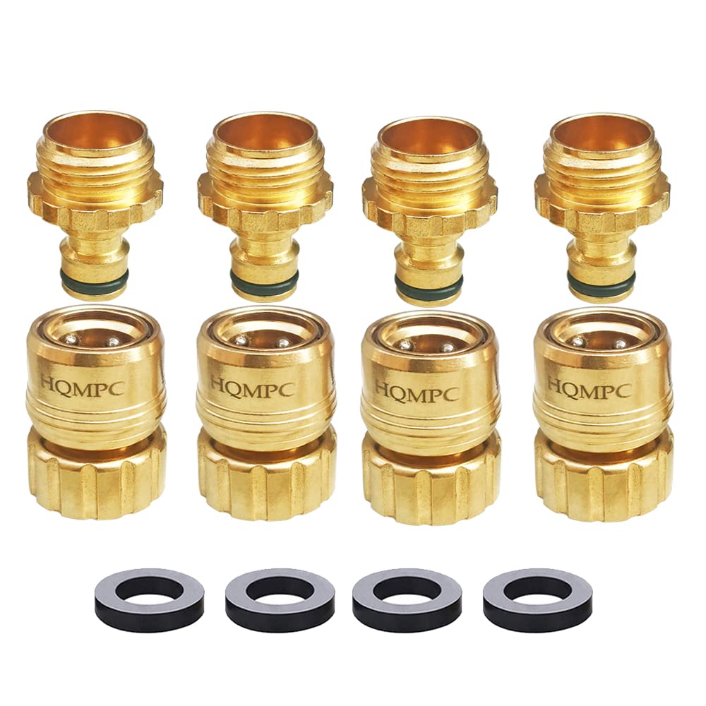 HQMPC garden hose quick connect set close-up brass fittings for secure, leak-free connections.