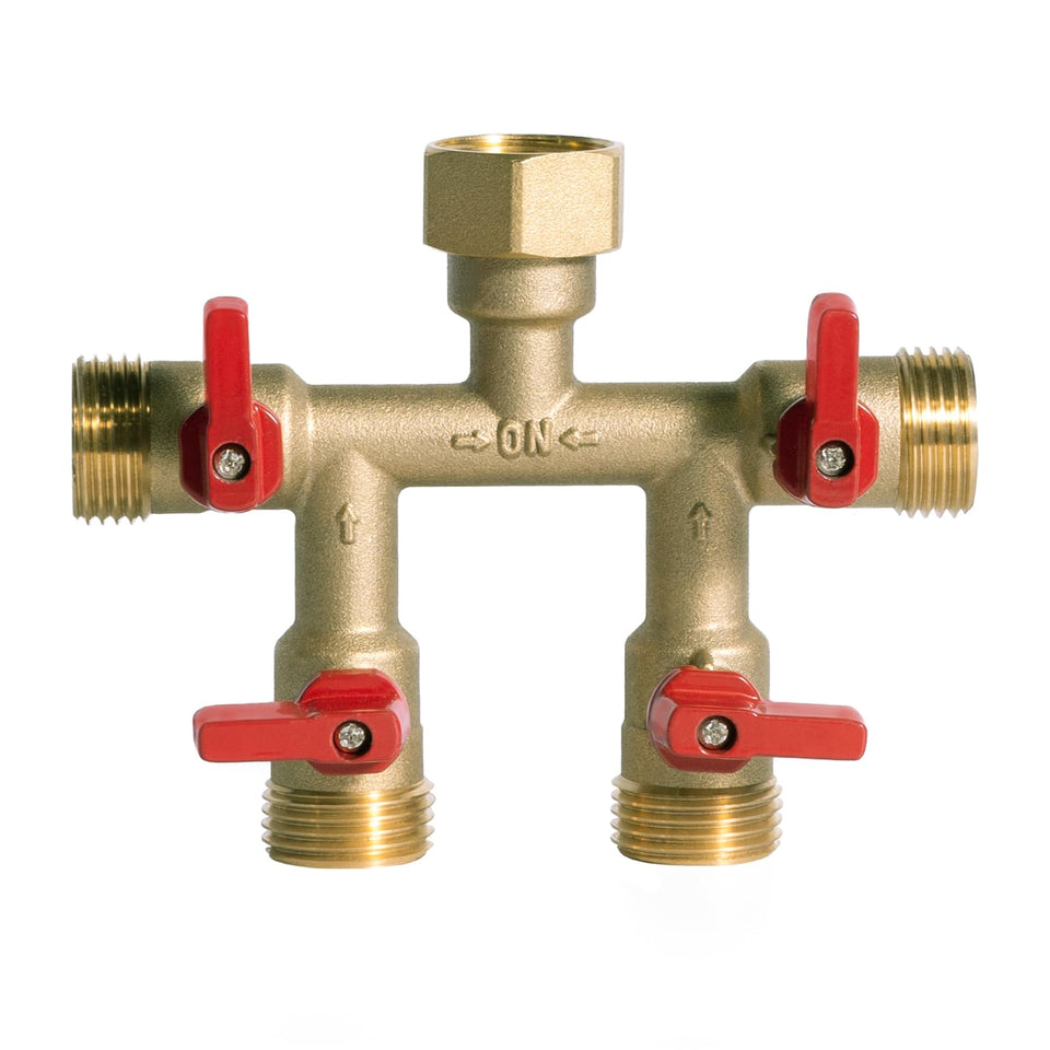 HQMPC hose splitter four outlets close-up showing durable brass construction for outdoor use
