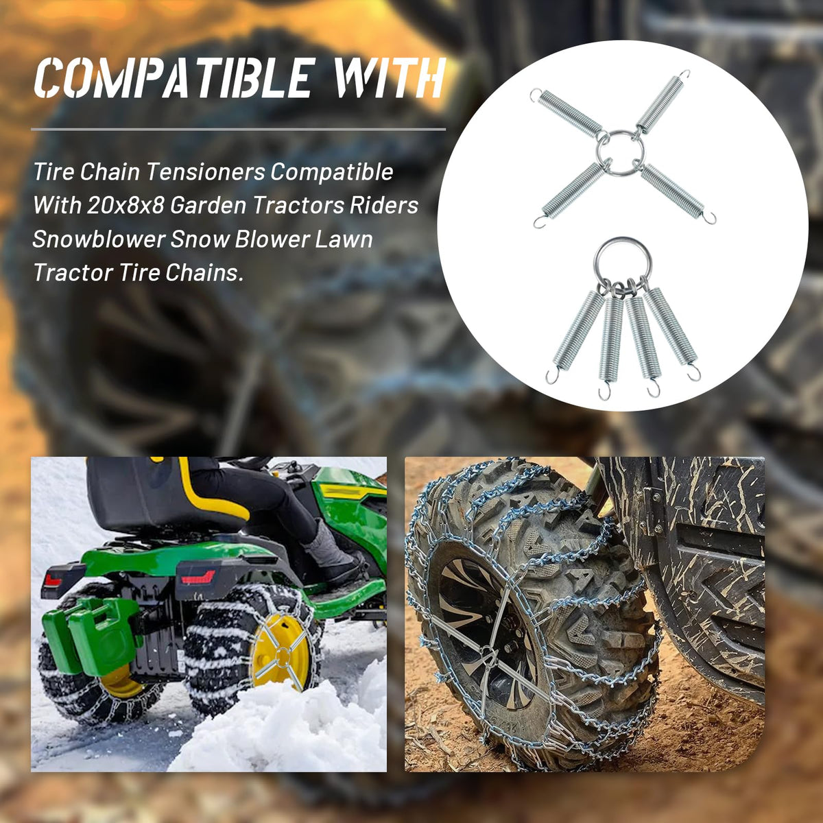 HQPARRTS tensioner installed on tractor improves traction on snowy surfaces