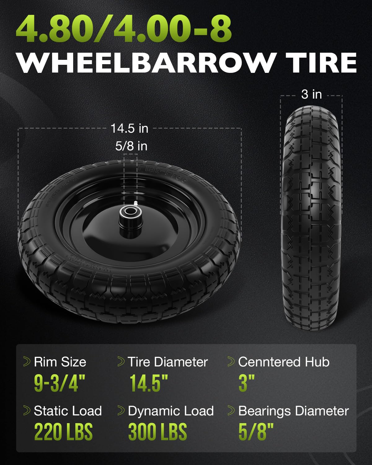 HQPASFY 14.5-inch flat-free tire front view showing rugged stability on uneven surfaces.