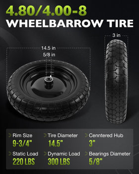 HQPASFY 14.5-inch flat-free tire front view showing rugged stability on uneven surfaces.