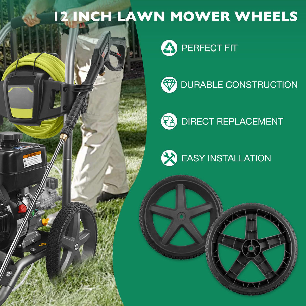 HQPASFY 308451053 wheel improves maneuverability during quick pressure-washer tasks.