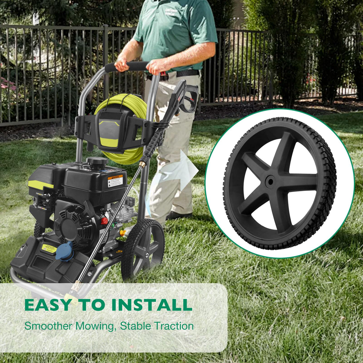 HQPASFY 308451053 wheel features rugged tread for improved traction on uneven surfaces.