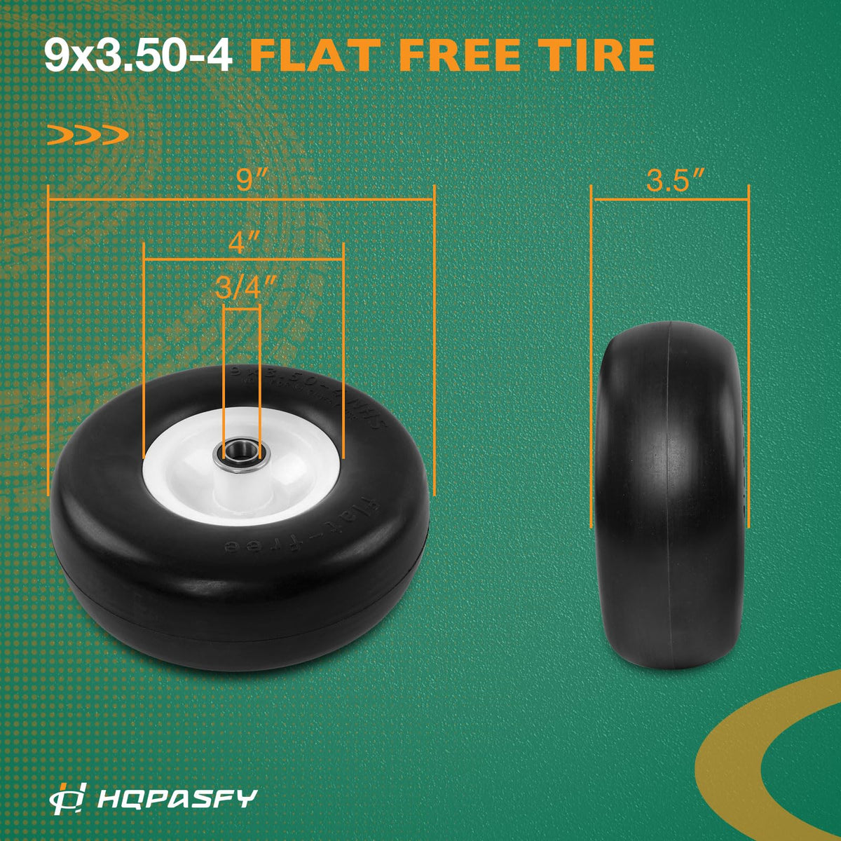 HQPASFY flat-free tire side view shows durable tread and turf protection
