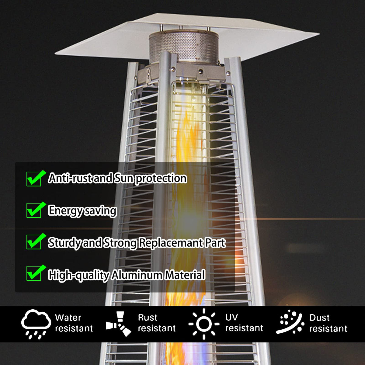 Shield atop a four-sided pyramid heater highlights universal fit.