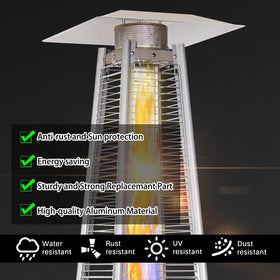 Shield atop a four-sided pyramid heater highlights universal fit.