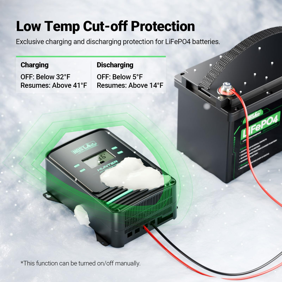 HQST 100A MPPT controller low-temp cut-off protects LiFePO4 in cold conditions
