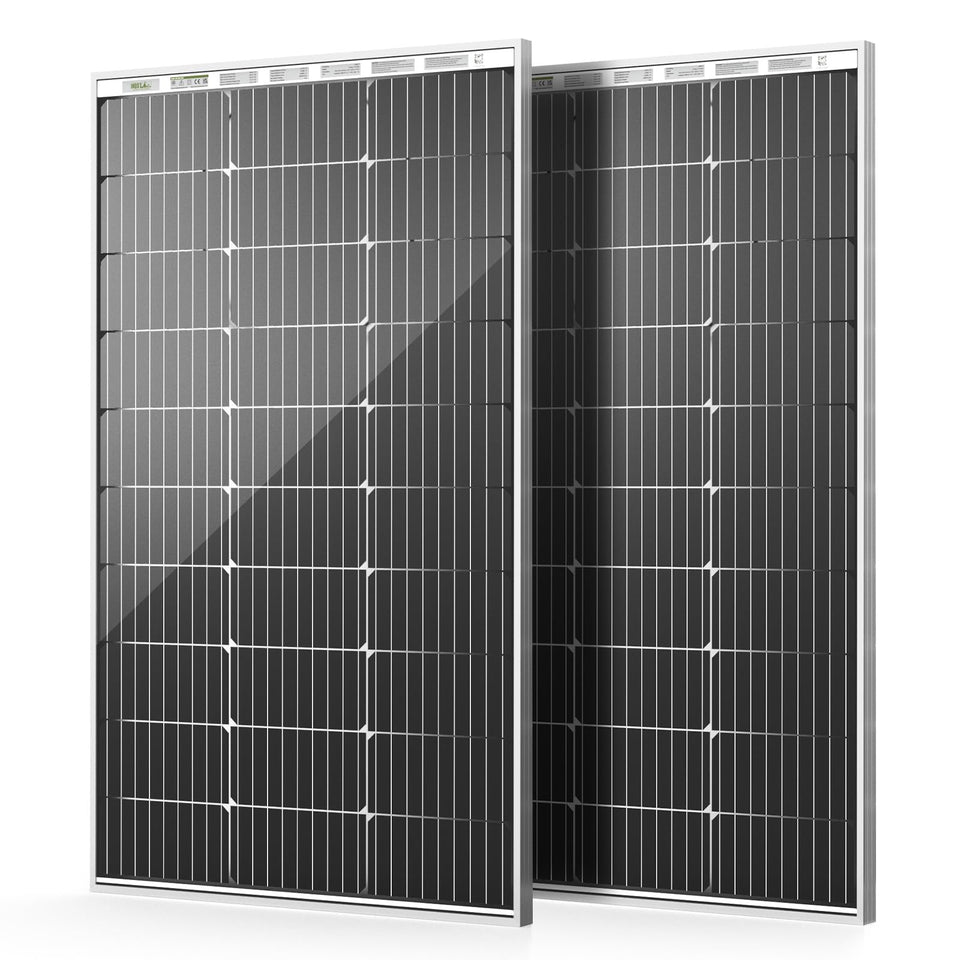 HQST 100W solar panel front view showing efficient mono cells for off-grid charging