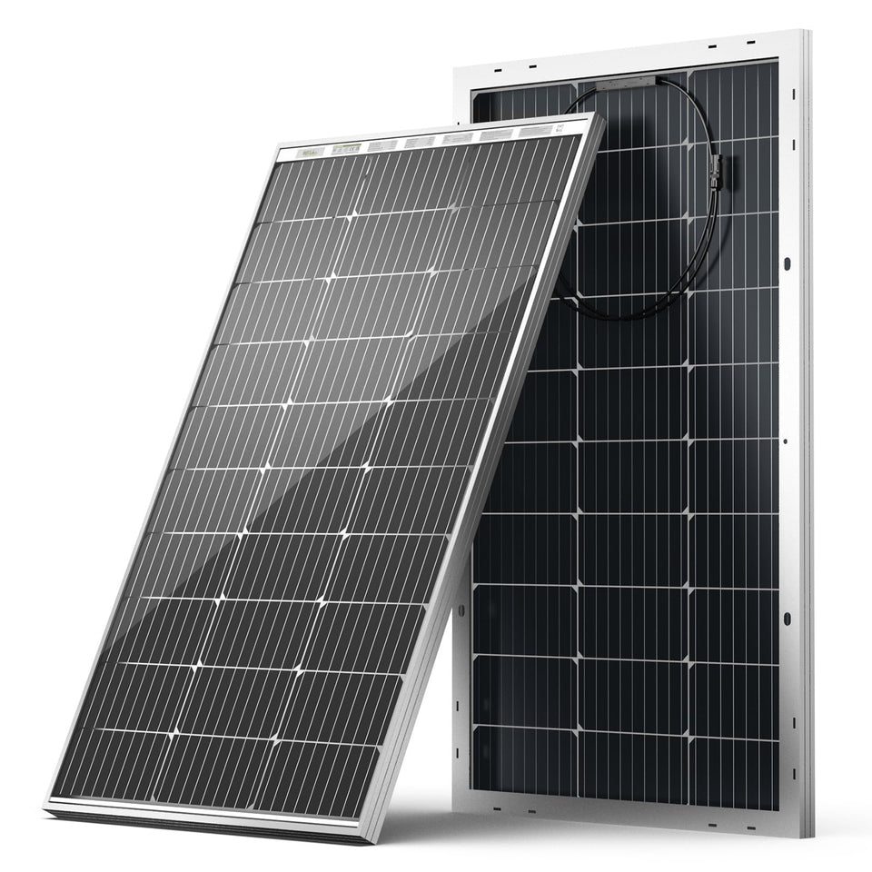 HQST Bifacial 100W front view showing efficient cells for off-grid charging.