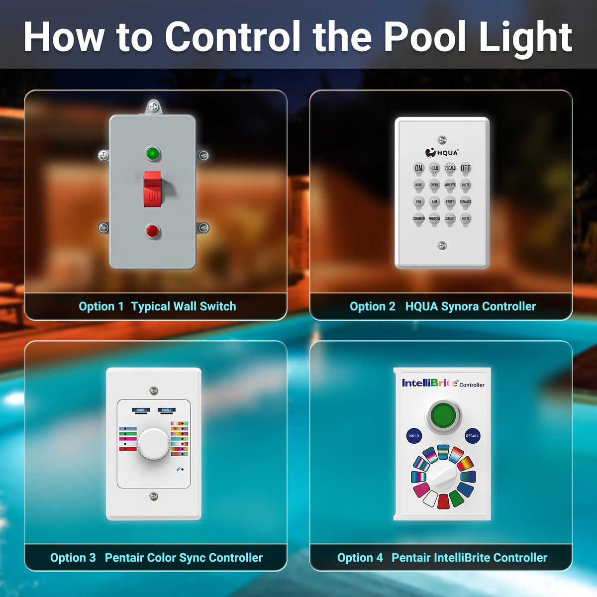 HQUA 12 VAC pool light offers five fixed colors for steady mood
