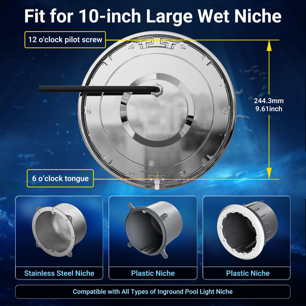 HQUA 12 VAC pool light fitting universal 10-inch wet niches across brands