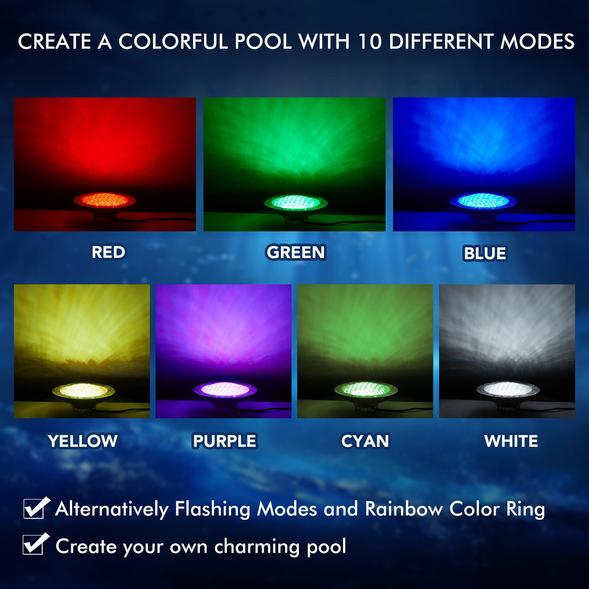 HQUA LUMORA underwater light in use with vibrant color options.