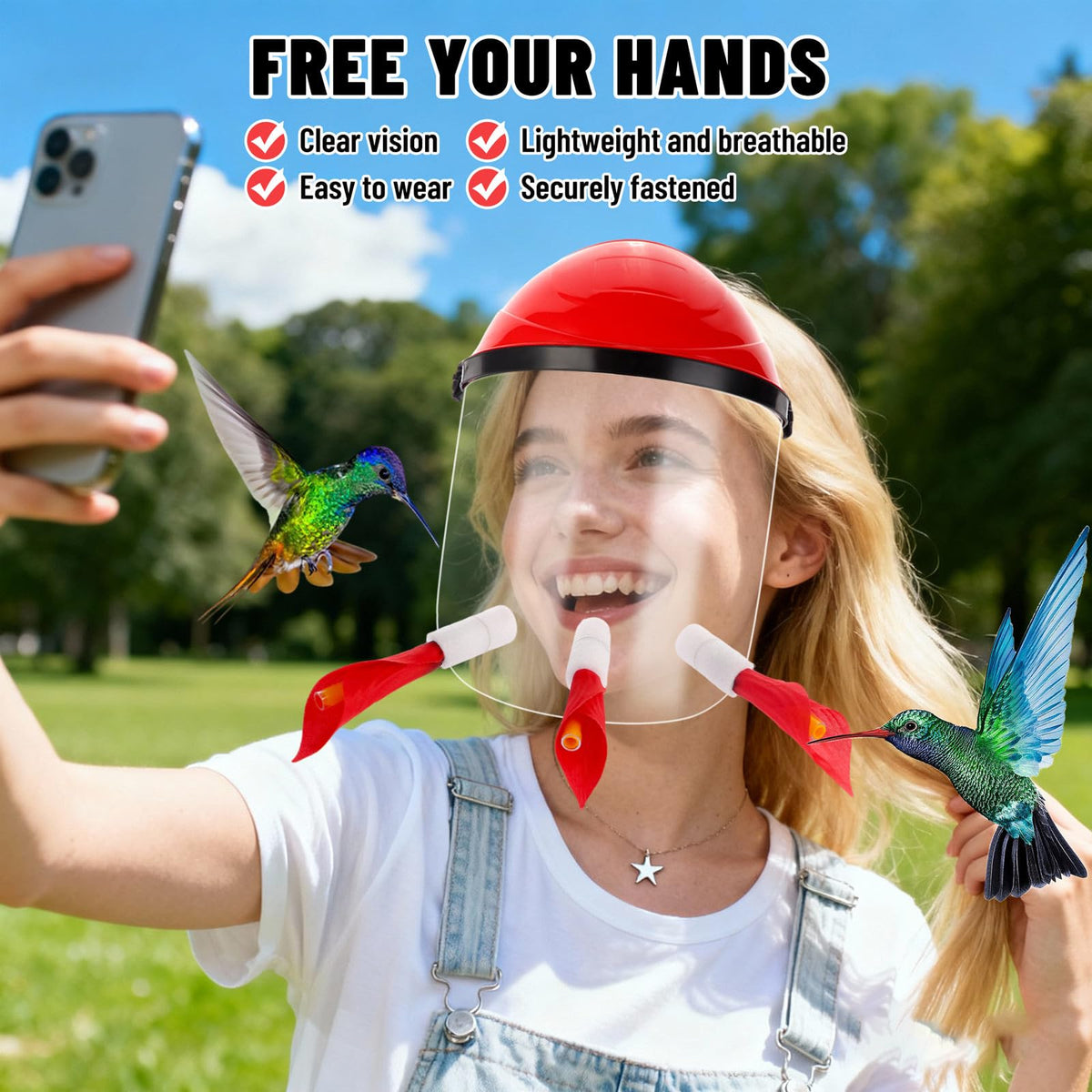 HSEONEJIA hummingbird feeder hat with three ports attracts birds