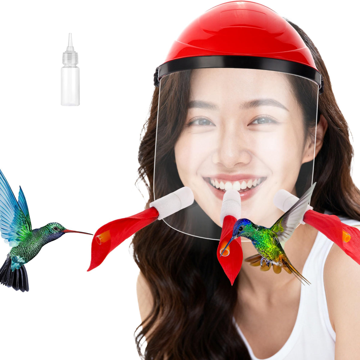HSEONEJIA hummingbird feeder hat front view for hands-free birdwatching
