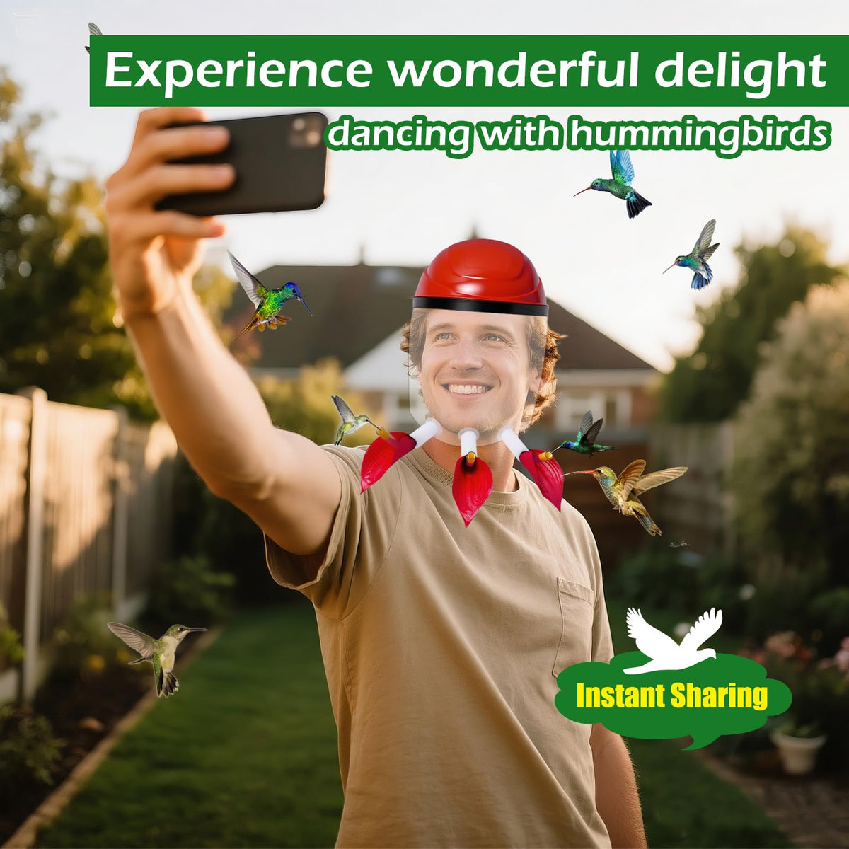 Hsmanchry feeder helmet with lifelike bionic flower to attract hummingbirds