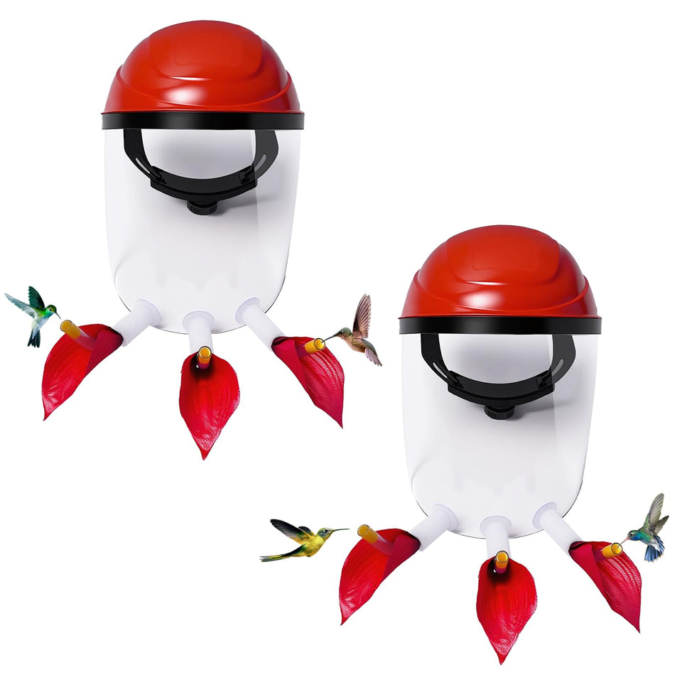 Hsmanchry hummingbird feeder helmet with upward ports for reduced spill during garden viewing