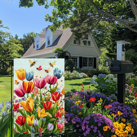 Hsrvivi bees on tulips detail brings lively garden imagery to your space
