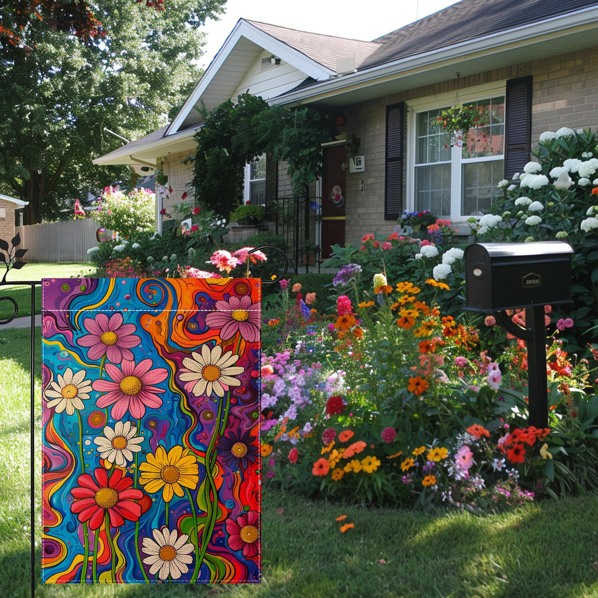 Hsrvivi burlap garden flag with colorful flowers enhances yard decor.