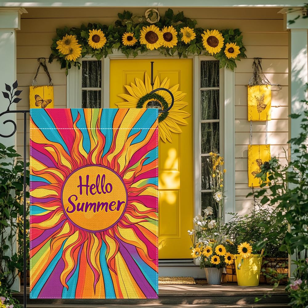Hsrvivi Burlap garden flag showcasing colorful sunshine motif for year-round decor