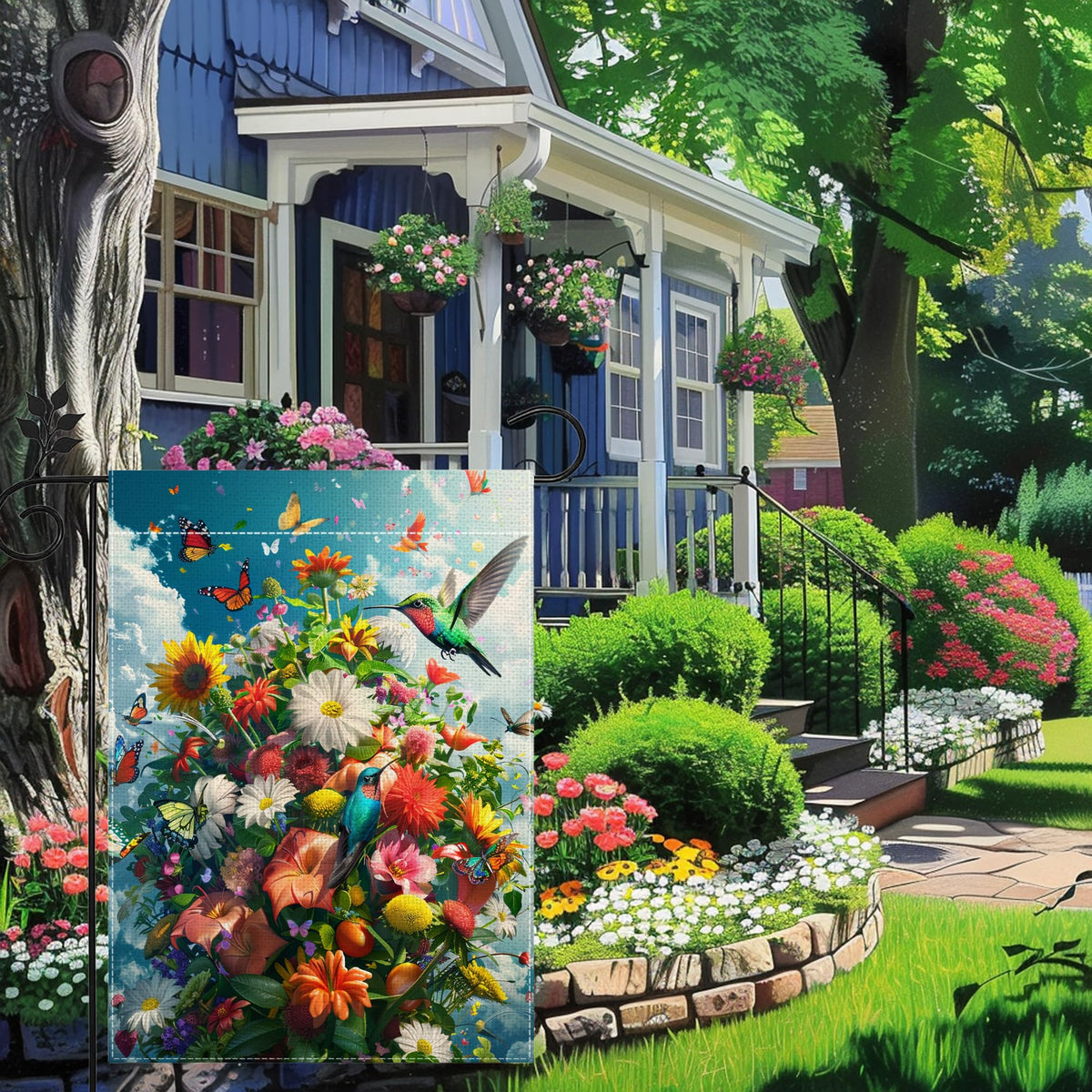 The Hsrvivi flag showcases colorful birds and butterflies to boost curb appeal.