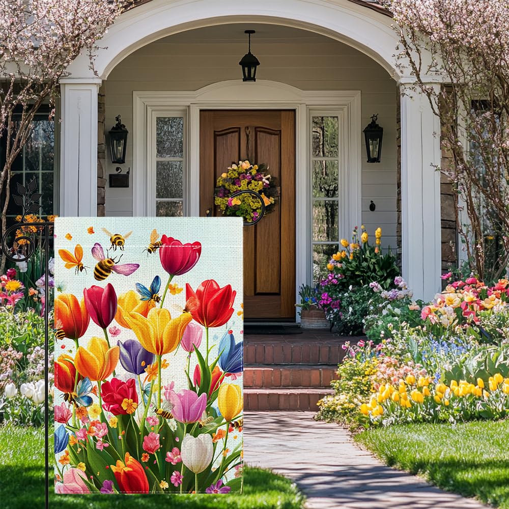 Hsrvivi colorful welcome yard flag brightens porch and lawn with cheerful tulips.