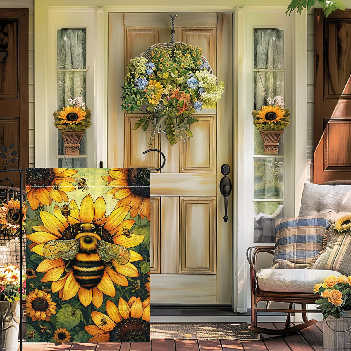 Hsrvivi garden flag close-up of sunflowers and bees, vivid colors that stay vibrant year-round.