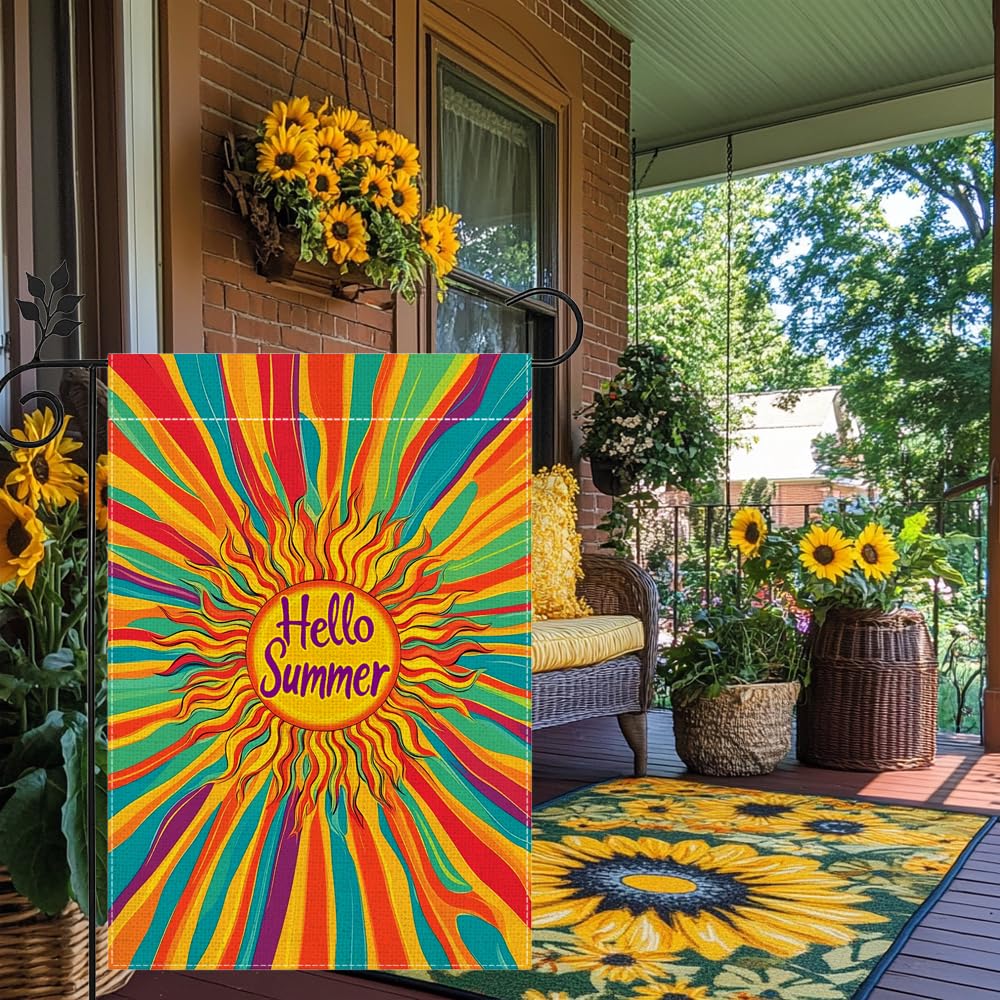 Colorful sunshine pattern on Hsrvivi Hello Sunshine flag for curb appeal