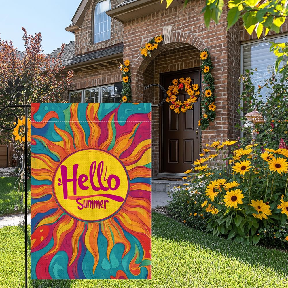 Hsrvivi Hello Sunshine flag with burlap texture adds rustic curb appeal.