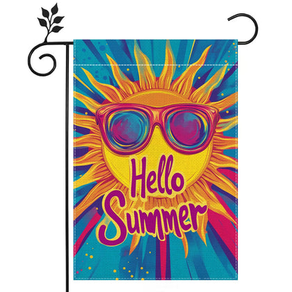 Hsrvivi Hello Sunshine flag front view showcases vibrant sun motif for outdoor decor