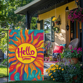 Hsrvivi Hello Sunshine flag fits standard flagpoles for quick garden setup.